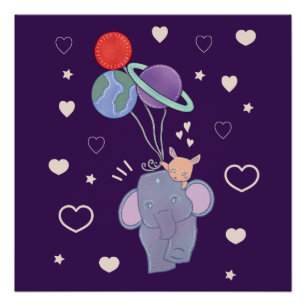 Poster Élément et Lapin Montgolfière spatiale   Fantaisis