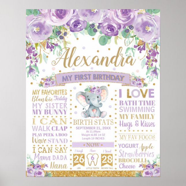 Poster Élément Rose 1er anniversaire Statistiques de nais (Devant)