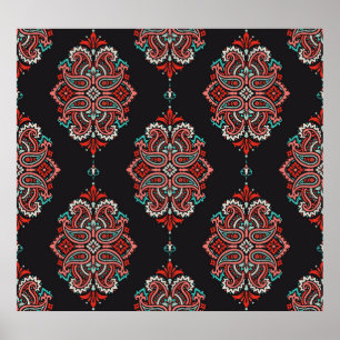 Poster éléments cachemire asiatique, motif vintage boho.