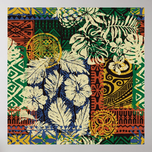 Poster Éléments tribaux hawaïens et tissu hibiscus (Devant)