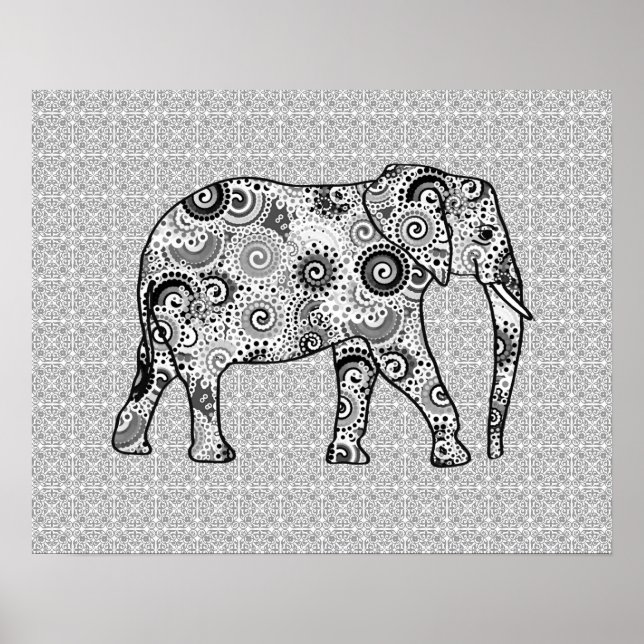 Poster Éléphale tourbillon fractal - gris, noir et blanc (Devant)
