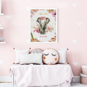 Poster Éléphant à l'aquarelle Fleurs roses Fille Nounou