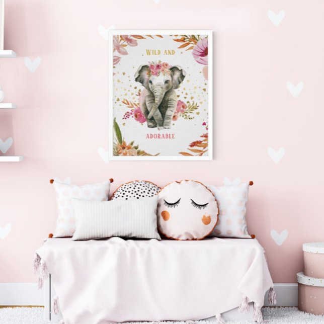 Poster Éléphant à l'aquarelle Fleurs roses pour la chambr (Créateur téléchargé)