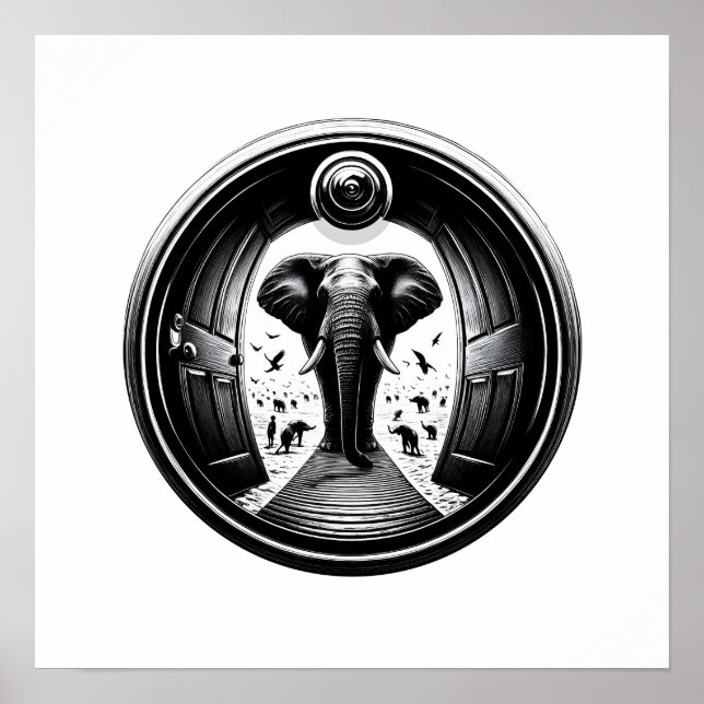 Poster Eléphant à travers la porte de Peephole | Fisheye (Devant)