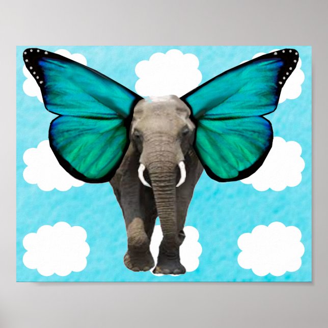Poster Éléphant aux ailes bleues dans les nuages (Devant)