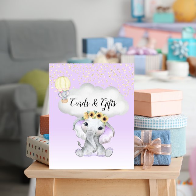 Poster Eléphant Balloon Baby shower Cartes violettes Cade (Créateur téléchargé)