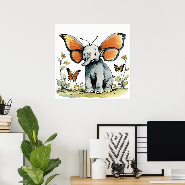 Poster Éléphant bébé avec oreilles en forme d'ailes de pa (Bureau à domicile)