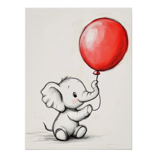 Poster Elephant bébé convivial avec ballon rouge (Devant)
