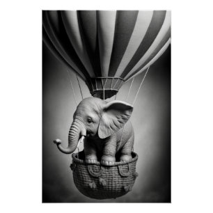 Poster Elephant bébé dans un ballon à air chaud