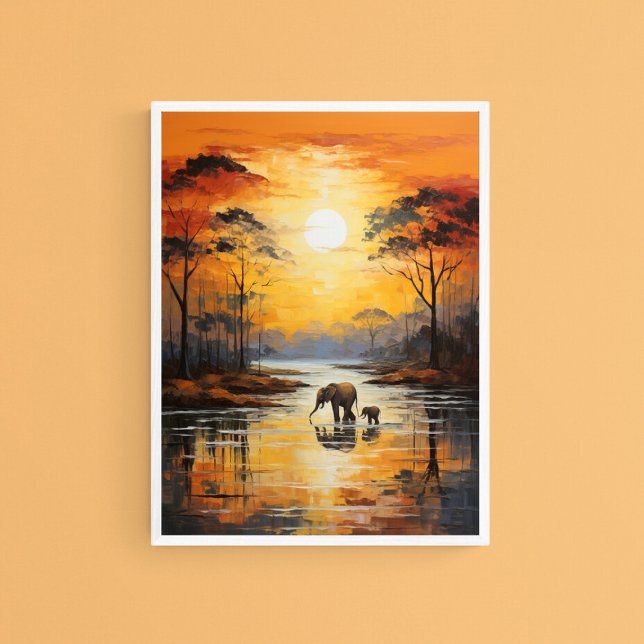 Poster Eléphant bébé et maman Profitant du coucher de sol (Créateur téléchargé)