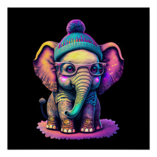 Poster Eléphant bébé mignon avec lunettes et Beanie