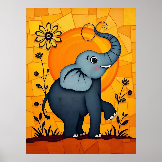 Poster Eléphant Bleu adorable aux accents floraux (Devant)