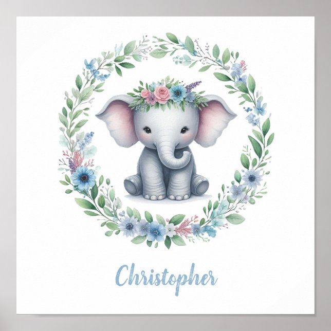 Poster Éléphant bleu avec couronne florale (Devant)