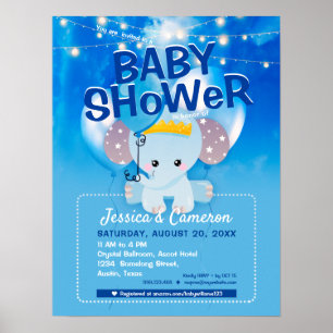 Poster Eléphant Bleu Cute & Ballons Bébé Party Flyer