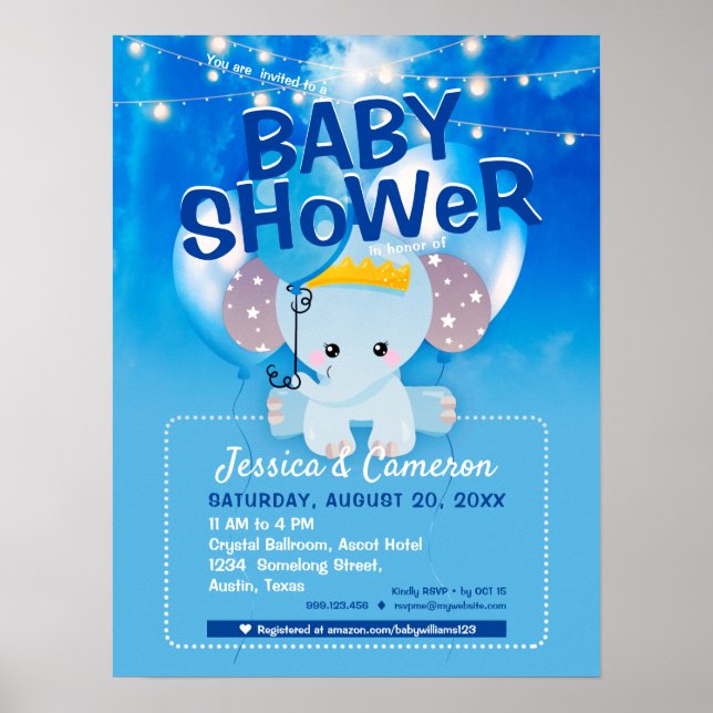 Poster Eléphant Bleu Cute & Ballons Bébé Party Flyer (Devant)