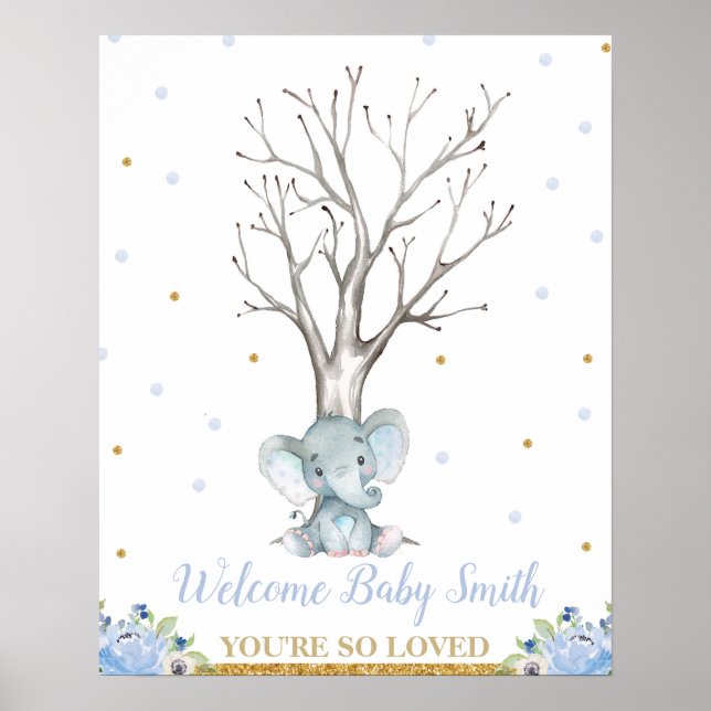 Poster Elephant Blue Boy Baby shower Empreintes miniature (Devant)