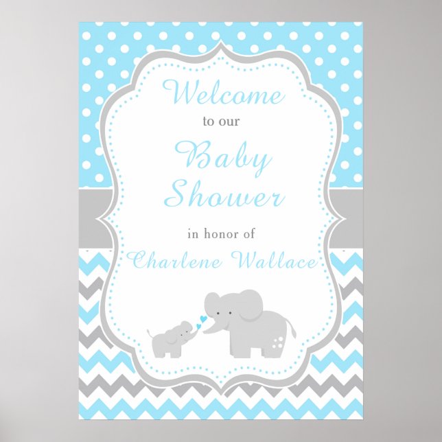 Poster Elephant Blue et Grey Baby shower Party (Devant)
