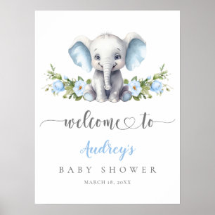 Poster Elephant Blue Floral Baby Boy Douche Bienvenue