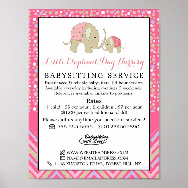 Poster Eléphant Boho Rose, Babysitter, Garderie, Nourritu (Devant)