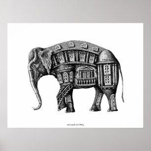 Poster Elephant Building stylo encre noir et blanc dessin