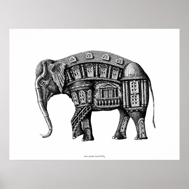 Poster Elephant Building stylo encre noir et blanc dessin (Devant)