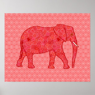 Poster Eléphant de fleurs - rouge profond et corail