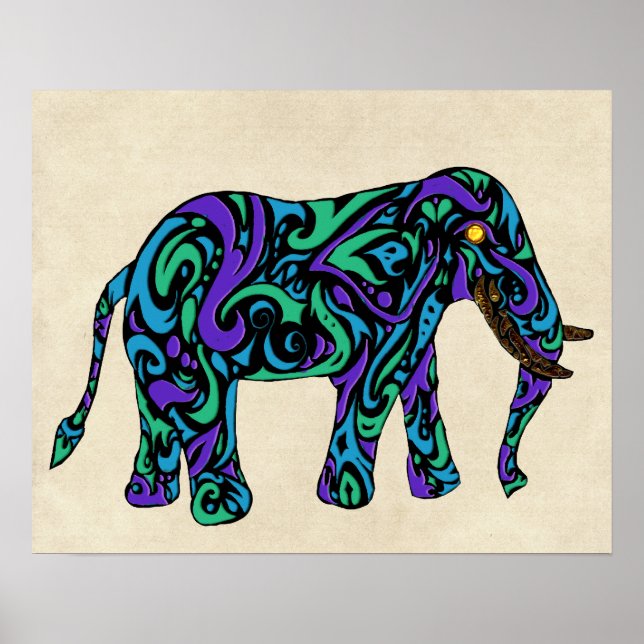 Poster Éléphant de tatouage tribal en bleu violet et vert (Devant)