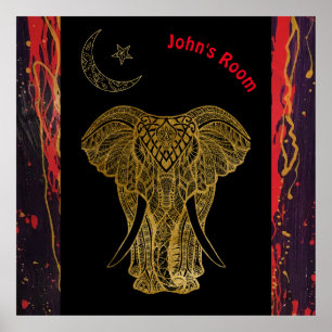 Poster Eléphant d'or aux tourbillons rouges. Nom modifiab