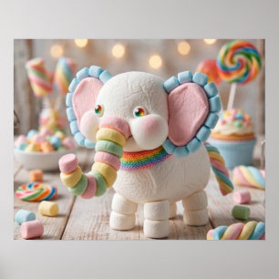 Poster Éléphant en guimauve fantaisiste et bonbons pastel