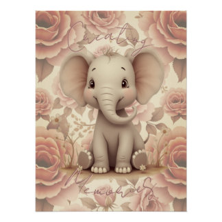 Poster Éléphant et Fleurs au Pastel Doux