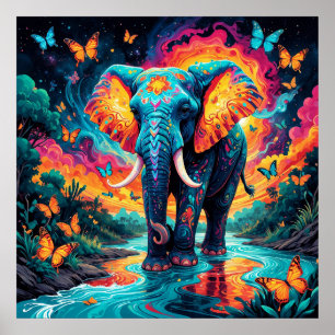 Poster Eléphant et papillons couleur psychédélique