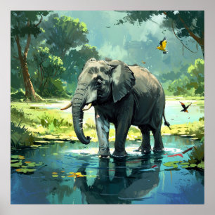 Poster Eléphant Extraordinaire dans la rivière avec peint