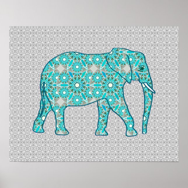 Poster Eléphant fleur Mandala - turquoise, gris & blanc (Devant)