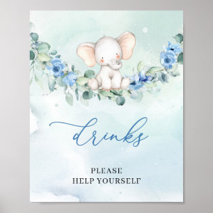 Poster Eléphant fleurs bleues eucalyptus boissons de cour