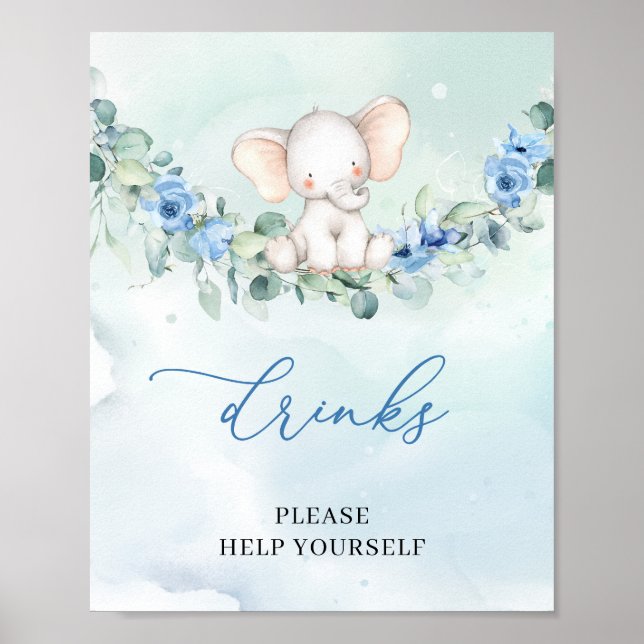 Poster Eléphant fleurs bleues eucalyptus boissons de cour (Devant)