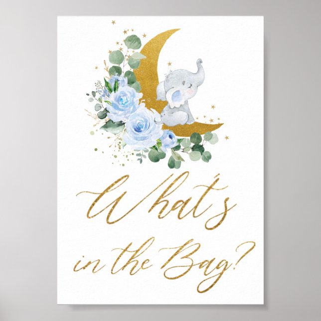Poster Eléphant Floral bleu Ce qu'il y a dans le sac (Devant)