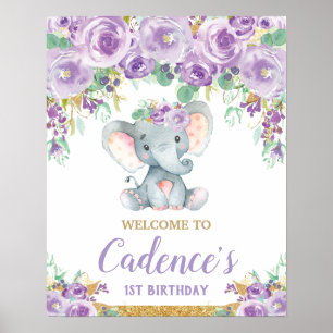 Poster Eléphant Floral Violet 1er anniversaire Bienvenue 