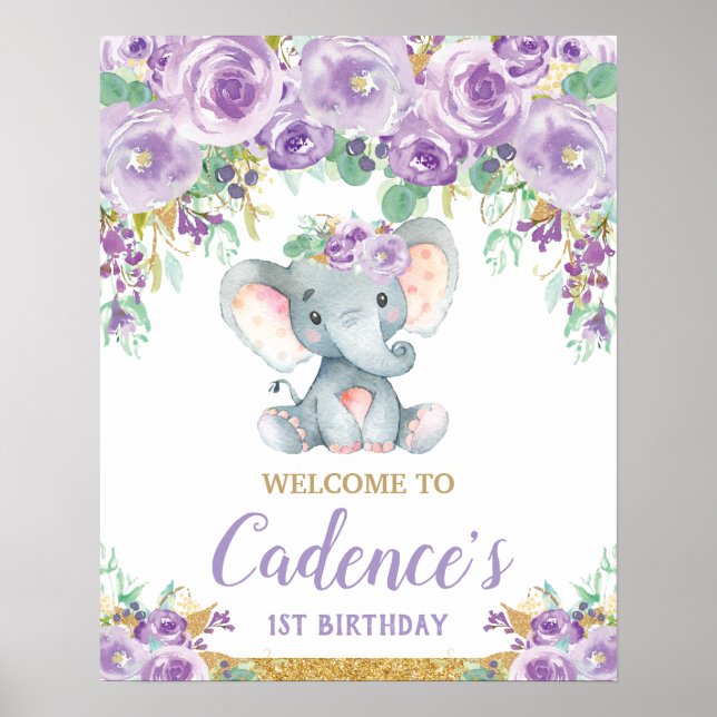 Poster Eléphant Floral Violet 1er anniversaire Bienvenue  (Devant)