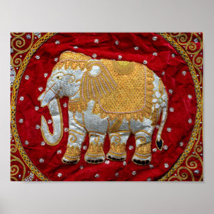 Poster Eléphant Indien inscrit rouge et or
