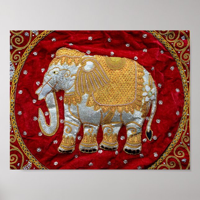 Poster Eléphant Indien inscrit rouge et or (Devant)