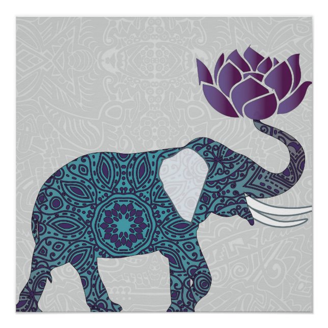 Poster Eléphant Indien Lotus Turquoise Et Violet (Devant)