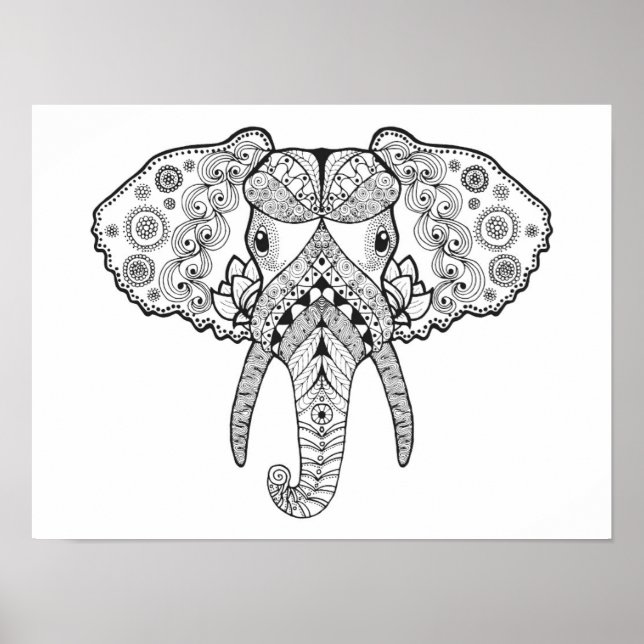 Poster Eléphant inspiré Zentangle (Devant)