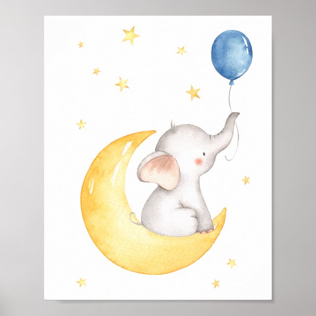 Poster Eléphant Lune Étoiles Balloon Lovely Nursery (Devant)