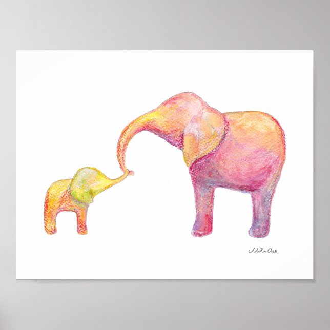 Poster Elephant Maman & Baby Nursery Art Aquarelle Animal (Devant)