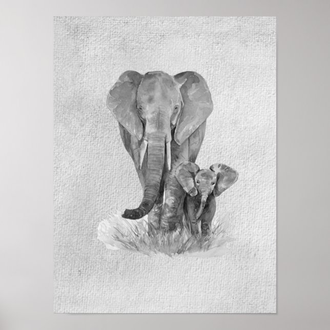 Poster Éléphant mère & bébé Noir & Blanc   (Devant)