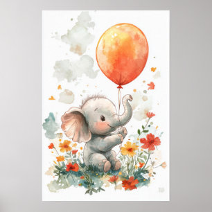 Poster Eléphant mignon avec aquarelle à ballon Illustrati