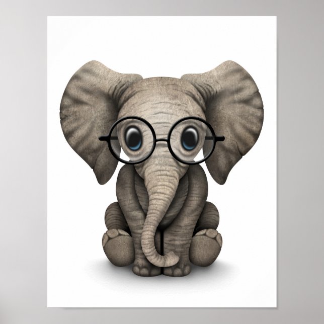 Poster Eléphant mignon bébé avec lunettes de lecture Blan (Devant)