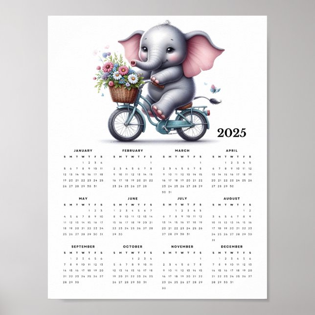 Poster Eléphant mignon chevauchant un vélo 2025 Calendrie (Devant)