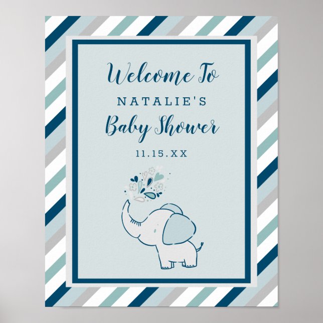 Poster Eléphant mignon dans la marine et le Baby shower d (Devant)