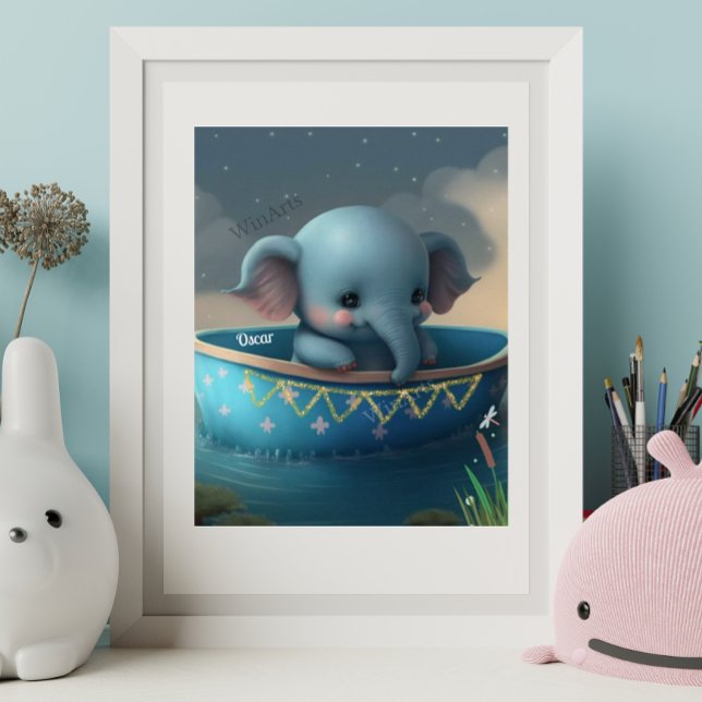 Poster Éléphant Mignon dans un Bateau Art de Pépinière Pe (Créateur téléchargé)